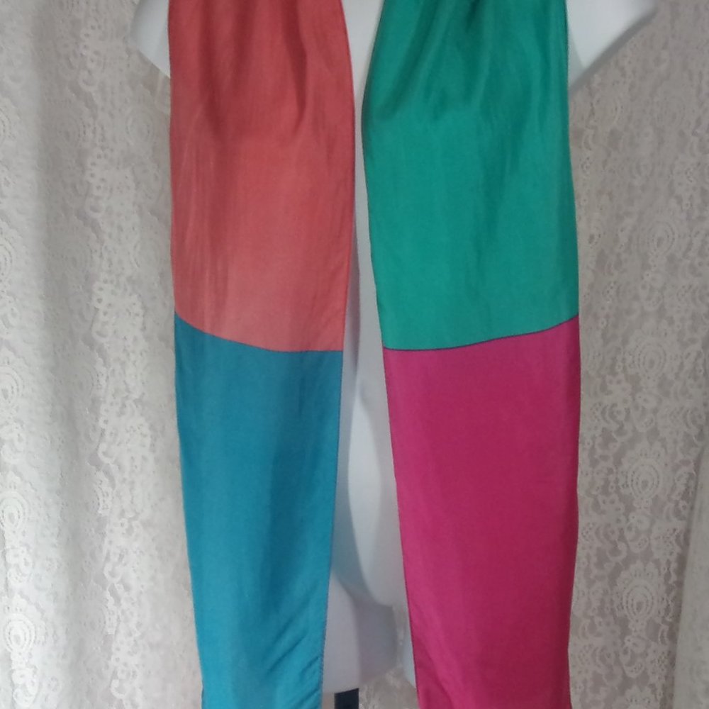 Oblong Silk Scarf Color Blocked Colors of Pink Blue Teal NWOT - Picture 2 of 3
